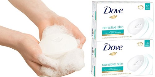 Amazon: Dove Sensitive Skin Bar Soap 16 Pack Only $9.87 Shipped – Just 62¢ Per Bar