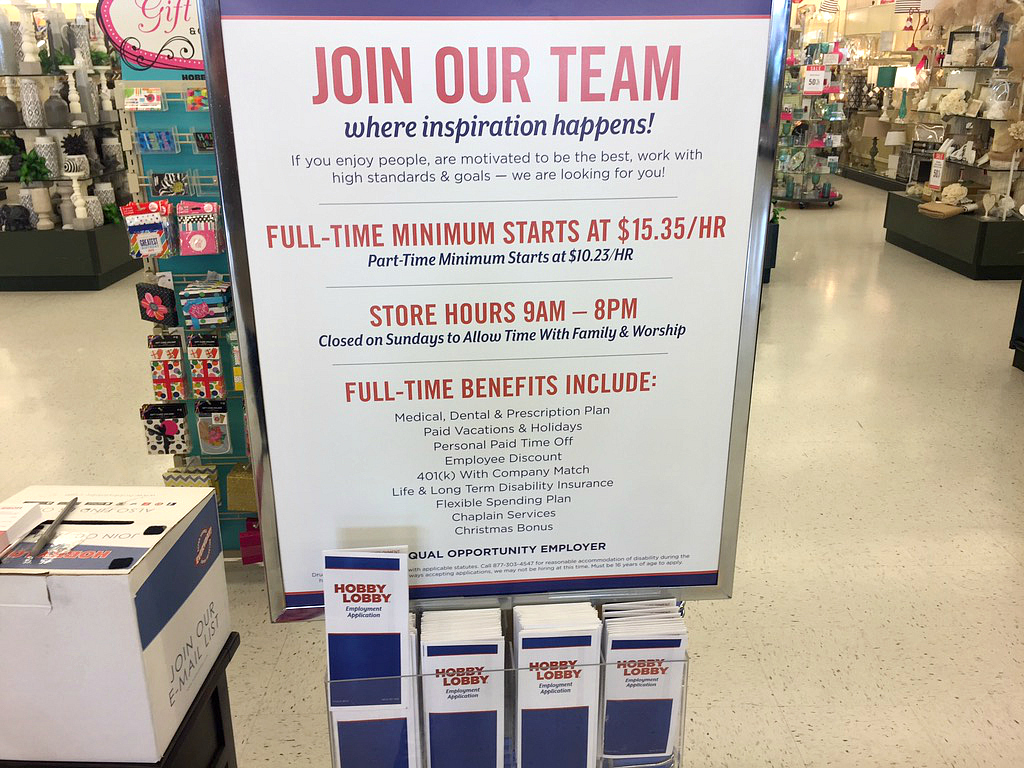 Hobby Lobby sign with employee benefits