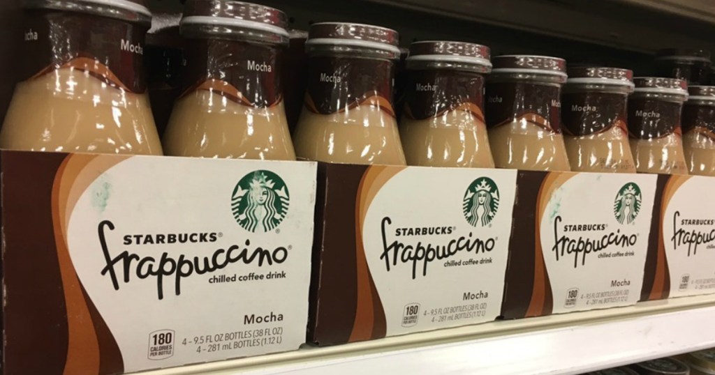 Starbucks Mocha flavored Frappuccino chilled beverage in glass bottle in four pack on store shelf