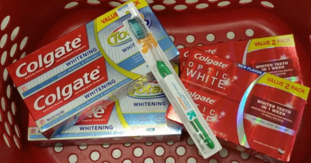 oral care products in red basket