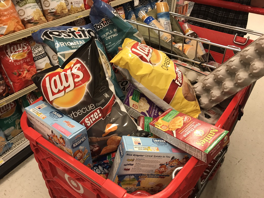 Target cart filled with groceries
