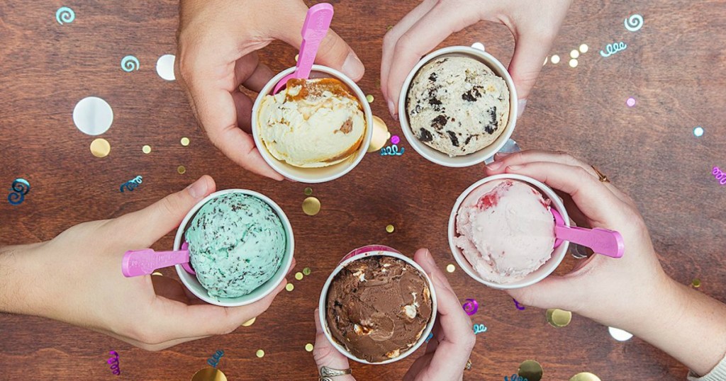 hands holding out scoops of ice cream at Baskin Robbins, one of the teen jobs for 15 year olds