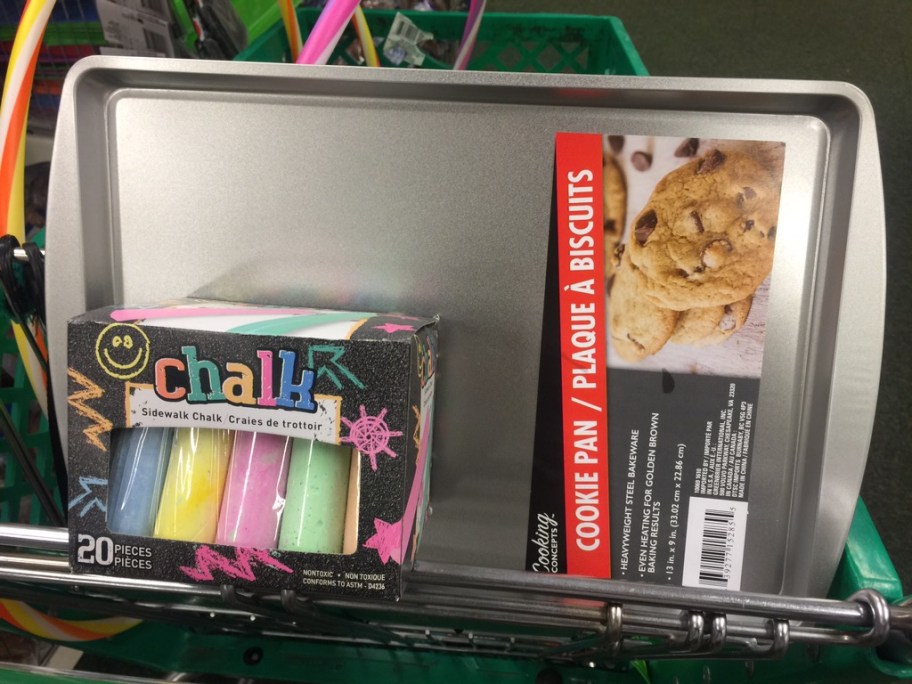 chalk and a baking pan from dollar tree to be used for summer activities for kids