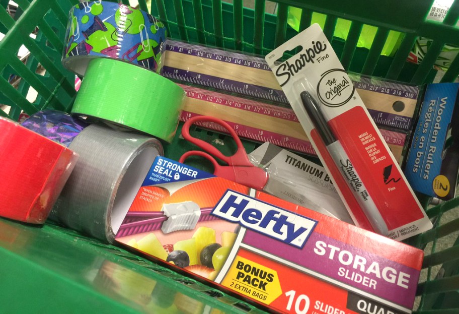 supplies like duct tape, sharpies, and rulers in a dollar tree basket
