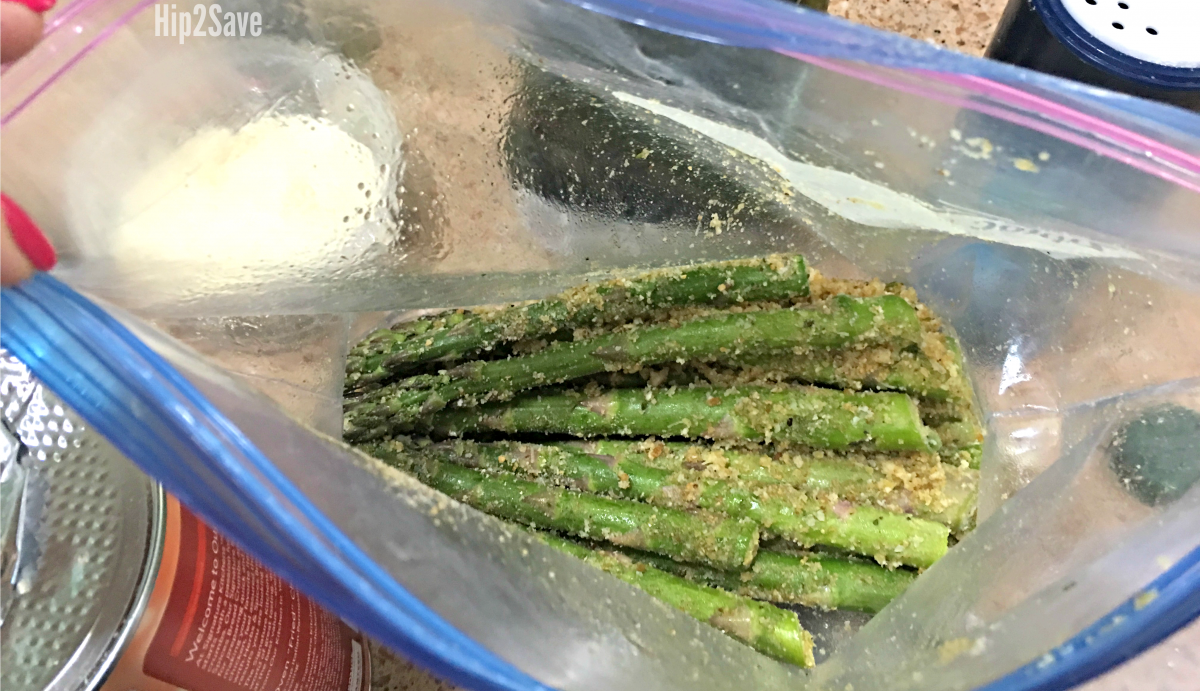 seasoning the asparagus in a zippered, sealed bag