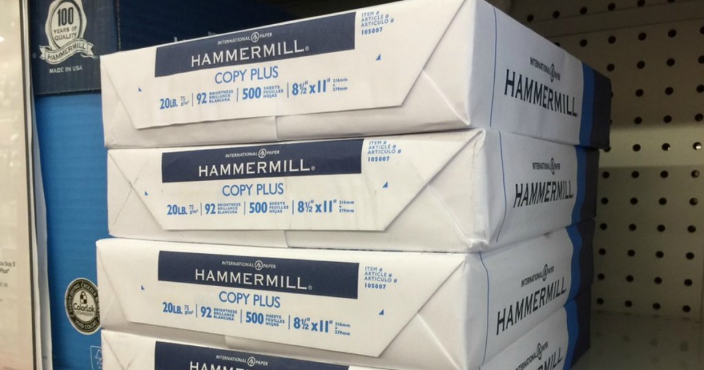 Hammermill Copy Paper stacked on store shelf