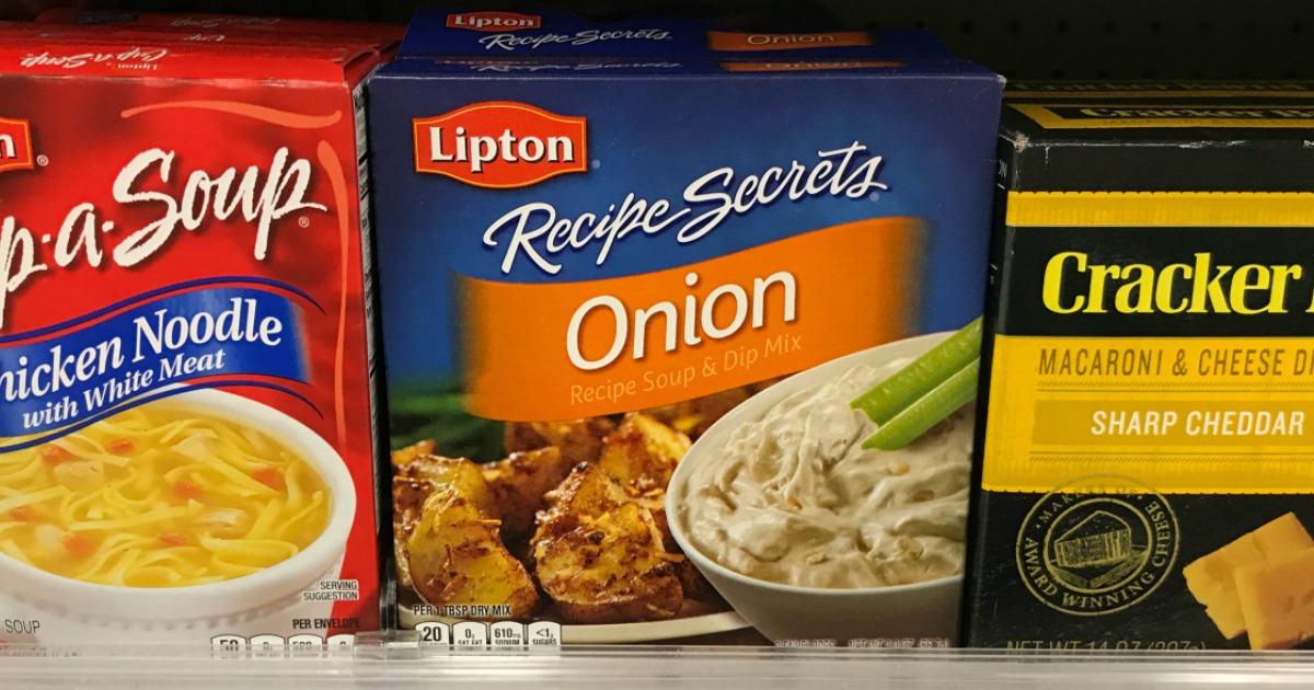 a box of lipton onion soup mix between a box of lipton chicken noodle soup and cracker barrel mac and cheese