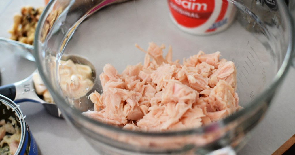 bowl with shredded canned chicken
