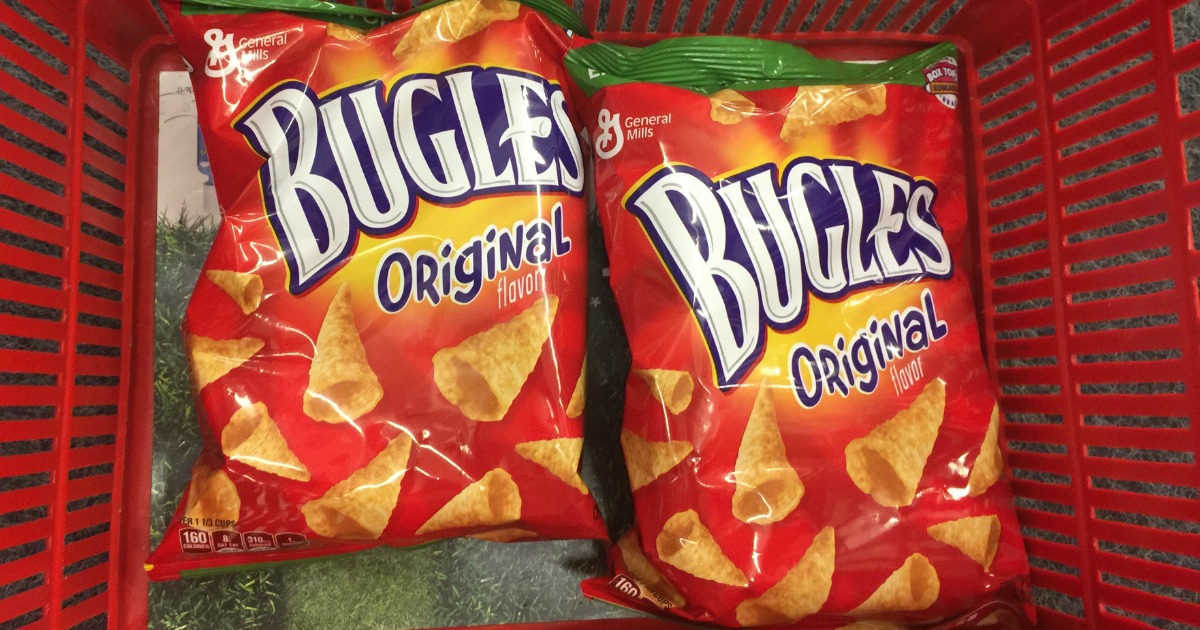 two bags of Bugles snacks in a CVS shopping basket