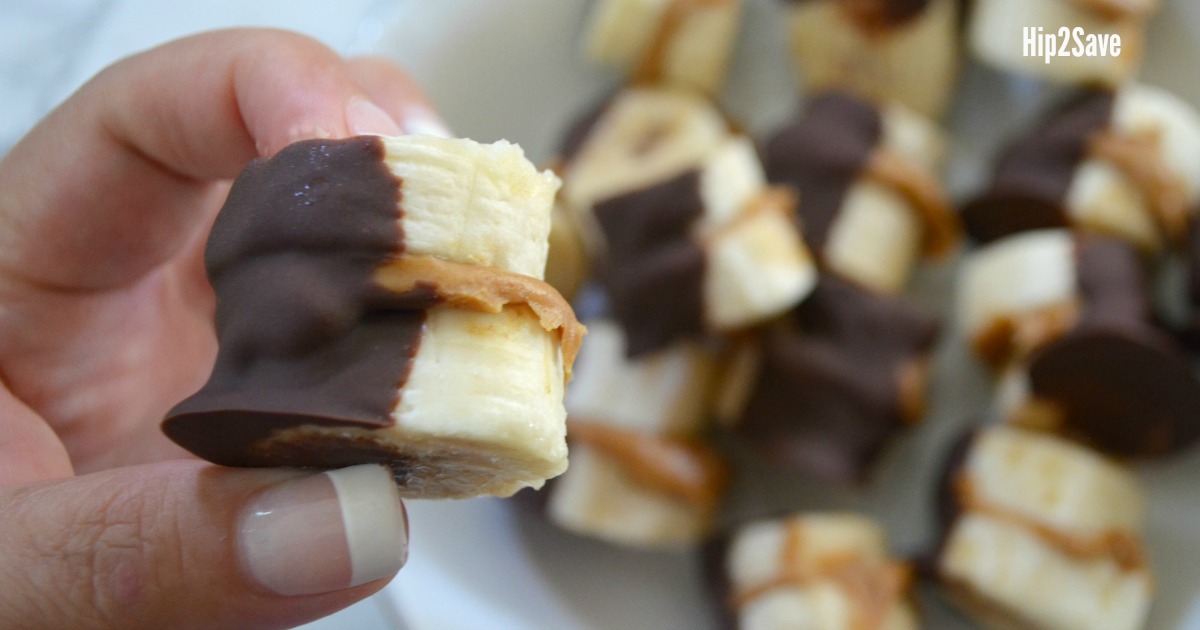 Frozen Chocolate dipped peanut butter banana bites closeup