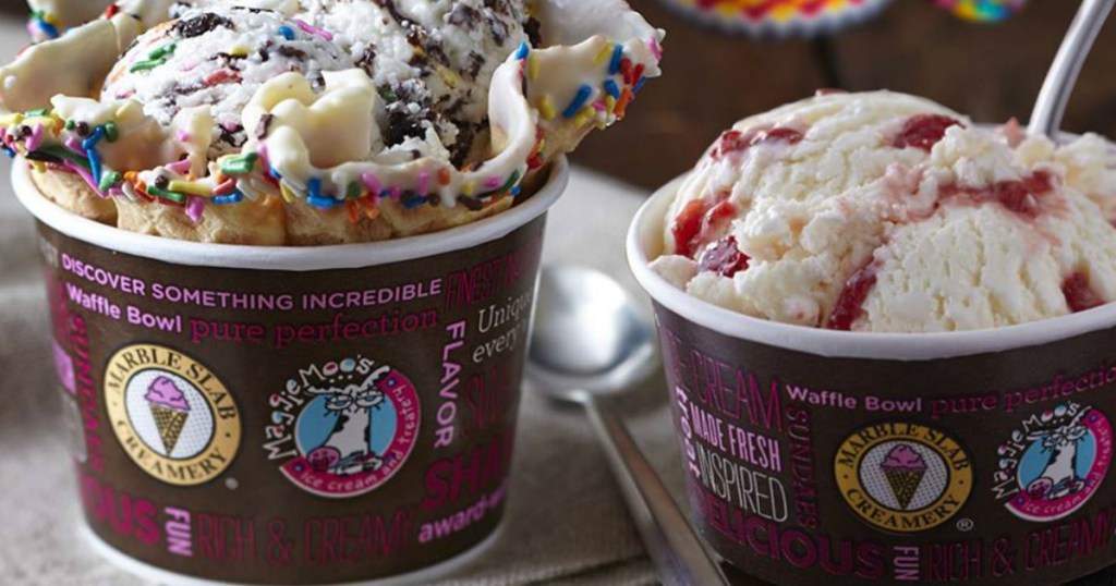 ice cream in cups at Marble Slab or Maggie Moos