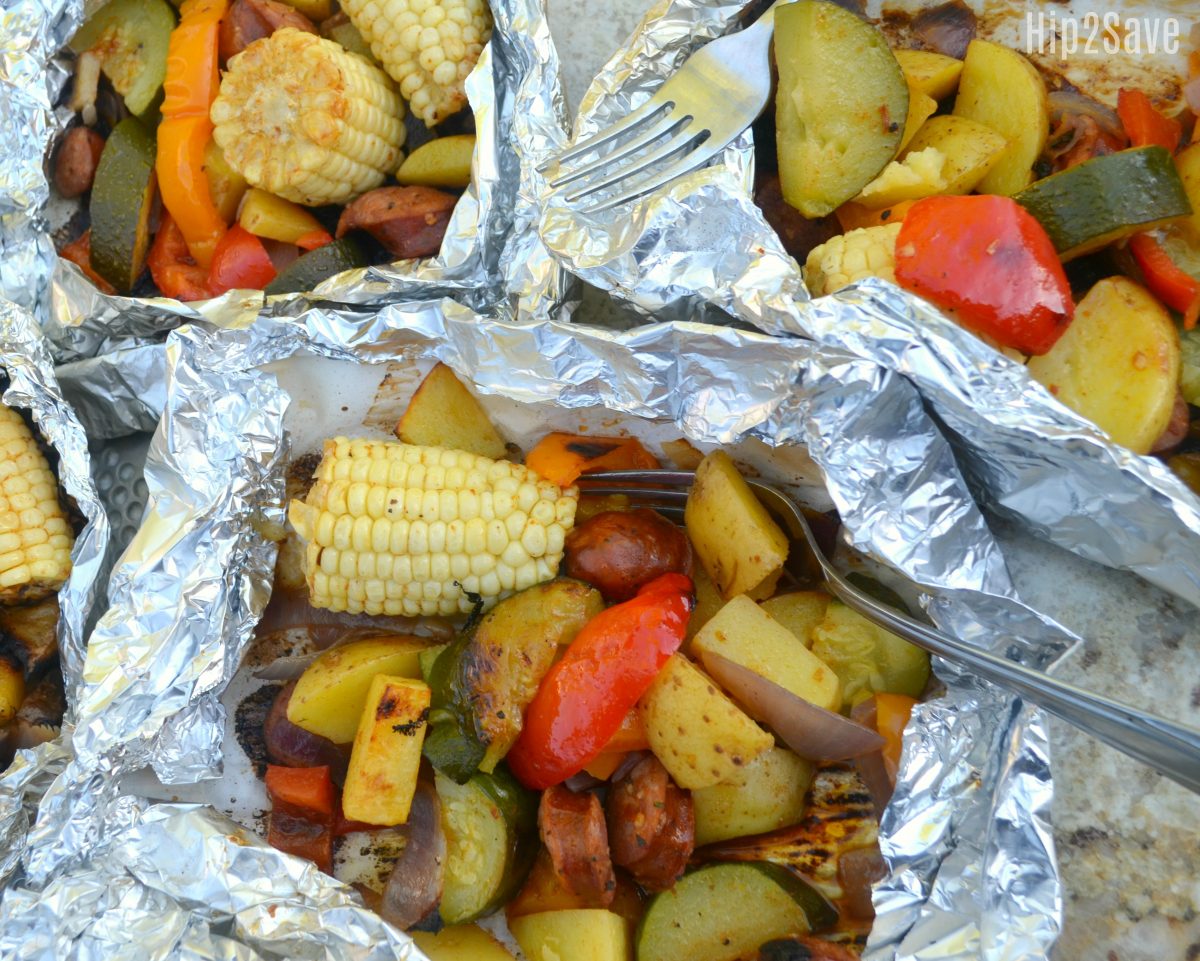 foil wrapped veggies and sausage