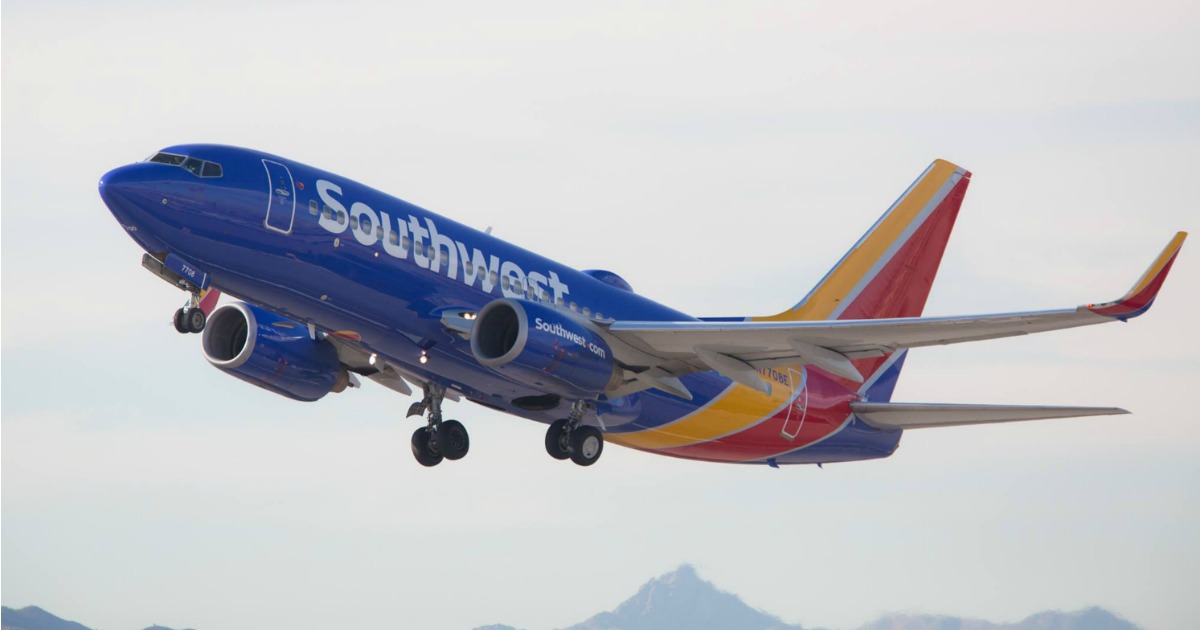 A Southwest airplane, which is one airline that offers ways how to get cheap last minute flights