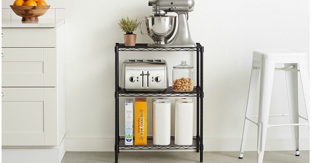 black wire shelf holding kitchen items