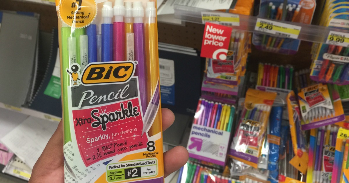 Hand holding up a package of Bic Sparkle Pencils in store