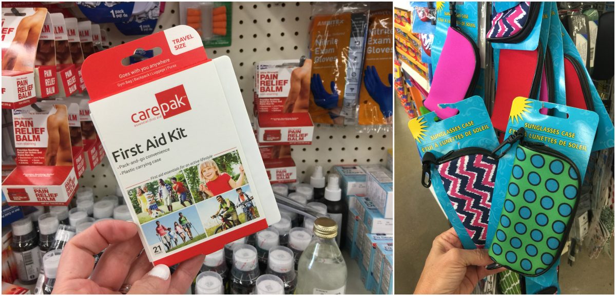 first aid kits and sunglasses cases at Dollar Tree