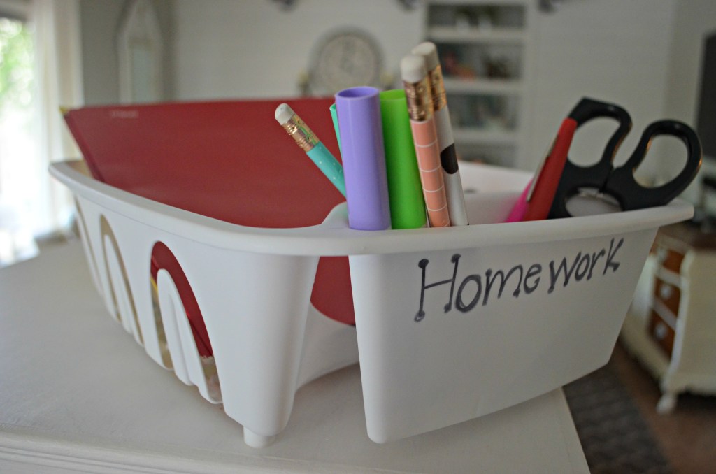 homework caddy made from a dish drying rack