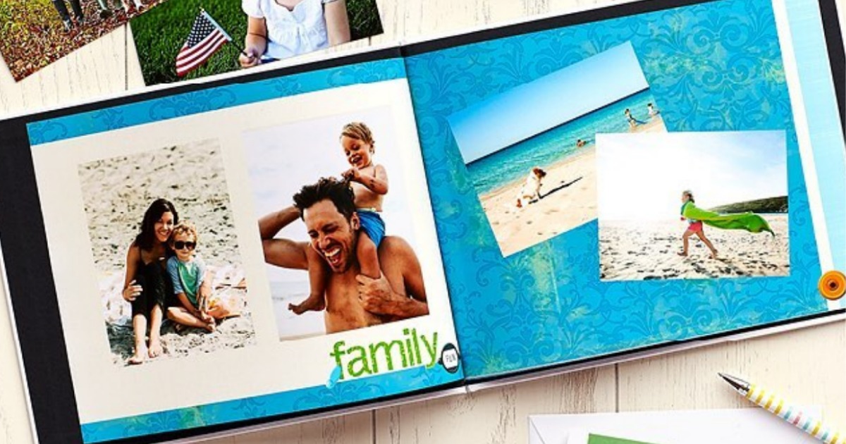 open photo book showing various photos of a family on the beach