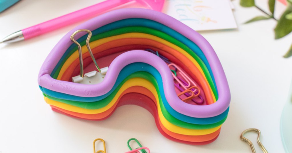 paper clips in handmade rainbow container