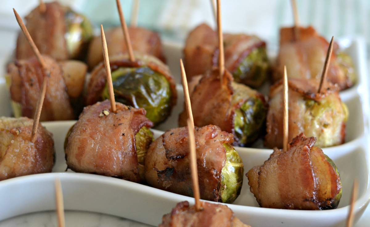 bacon wrapped brussels sprouts on toothpicks