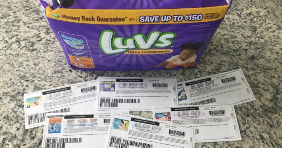 diaper deals and coupons to print next to a cheap Luv Diapers package