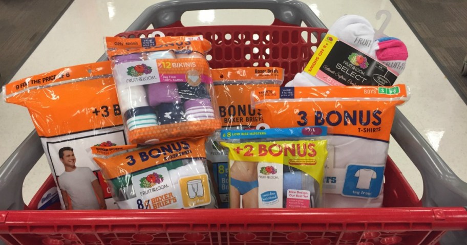 cart full of Fruit of the Loom products at Target