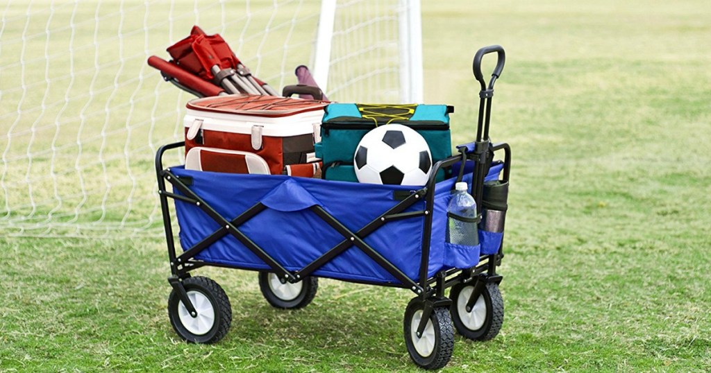 blue folding sport wagon full of sports equipment