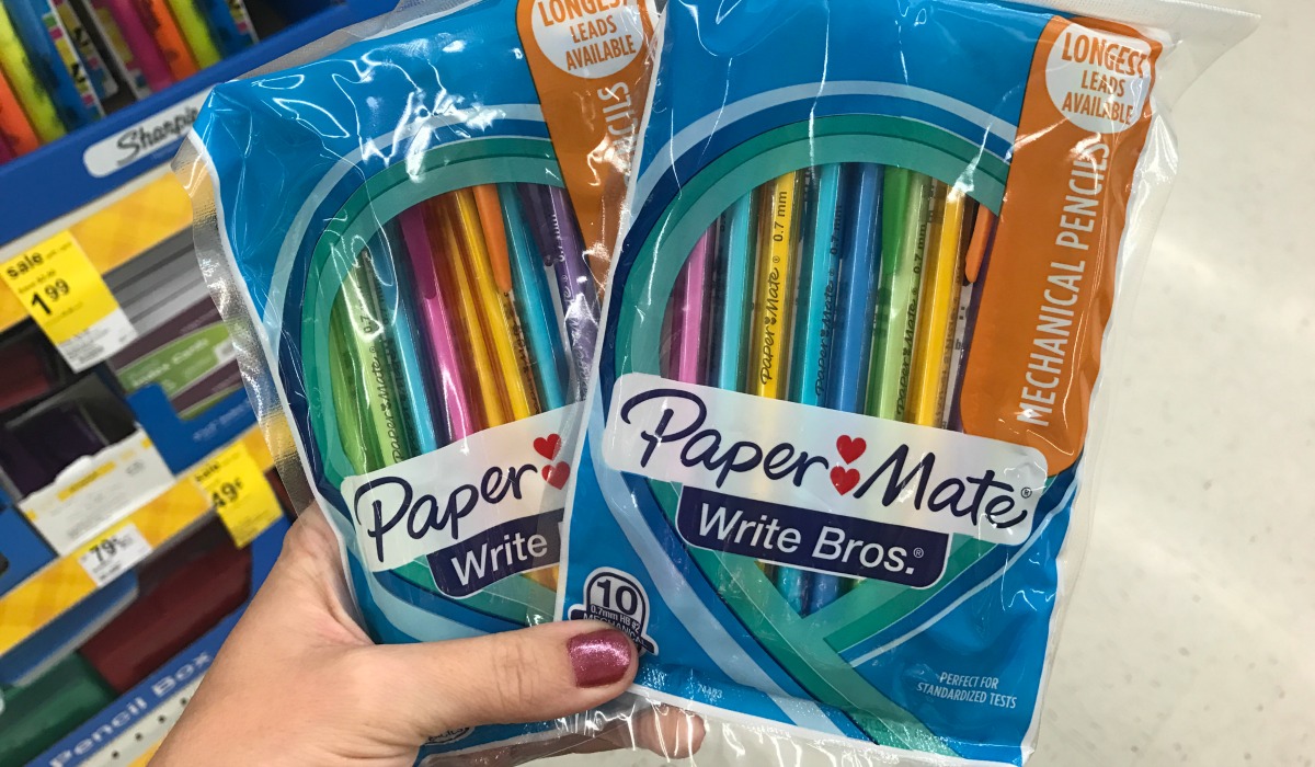 hand holding packs of paper mate mechanical pencils 