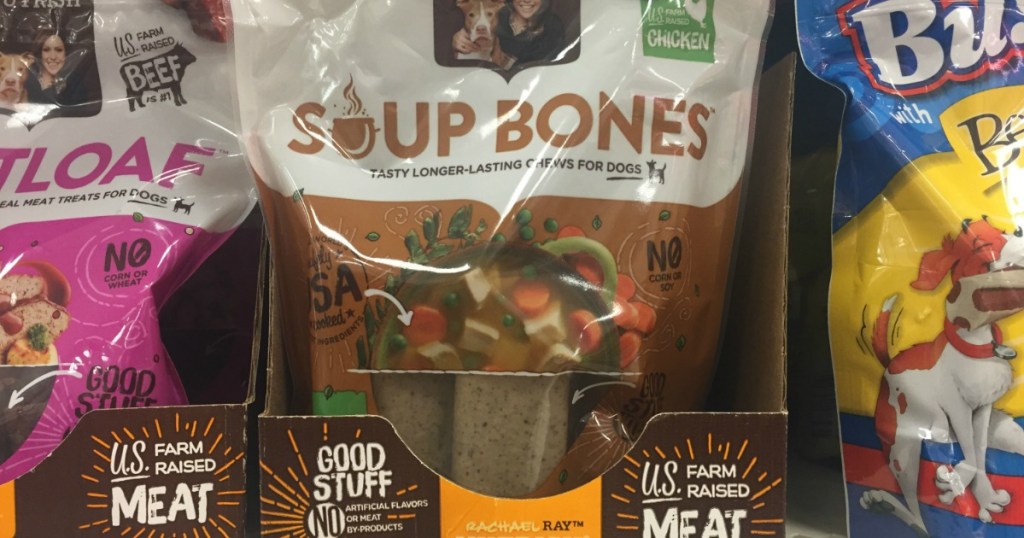 bags of Rachel Ray Soup Bones dog treats on a store shelf
