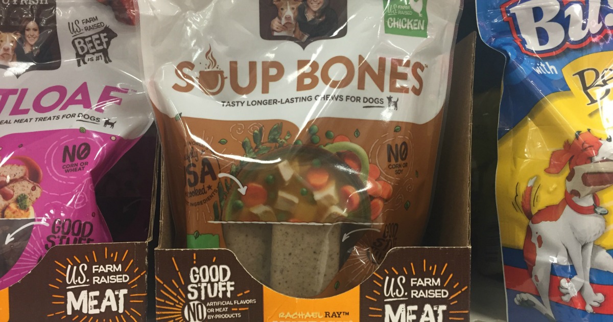 bags of Rachel Ray Soup Bones dog treats on a store shelf