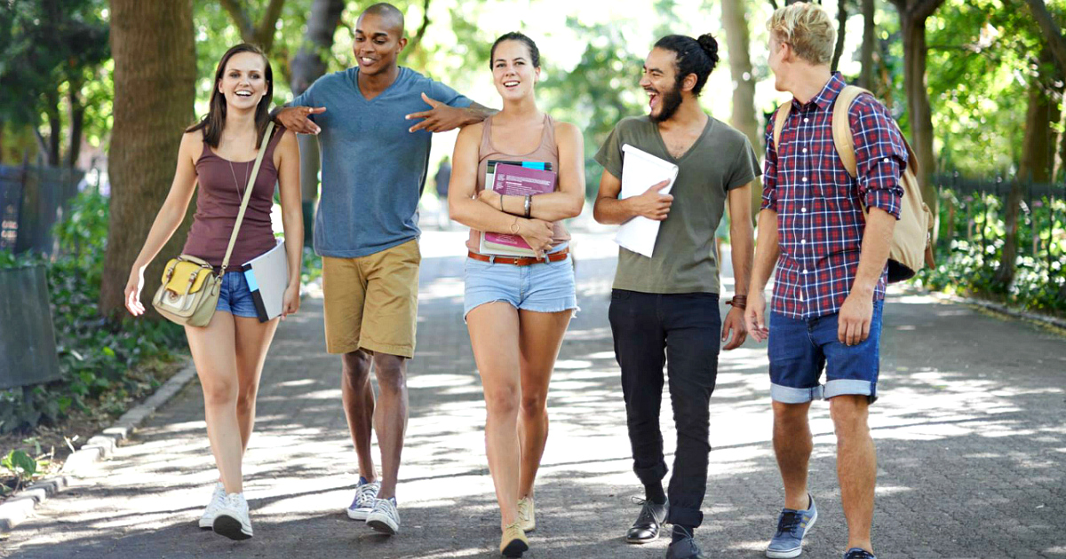 College students walking together and talking