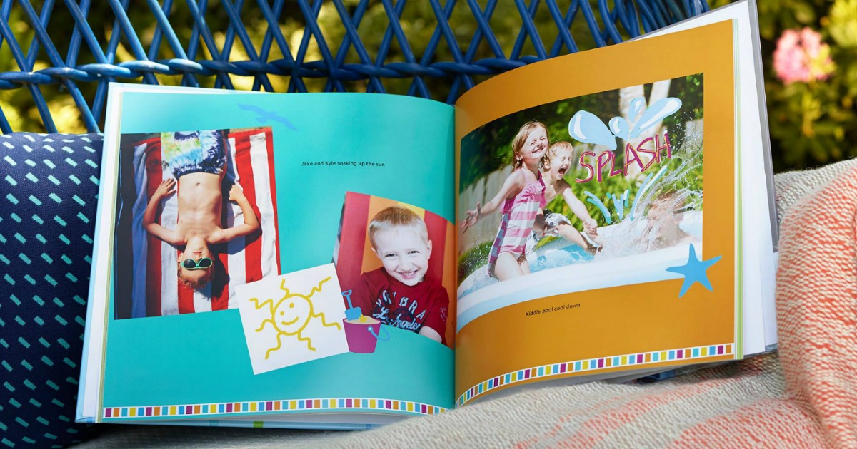 photo book with summer pictures on a patio bench