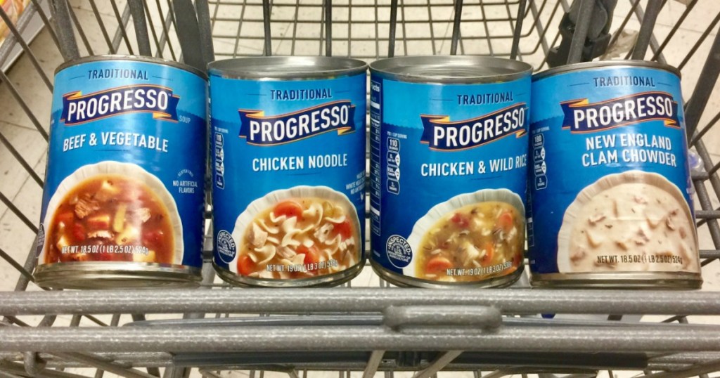 display of 4 progress soups in shopping cart 