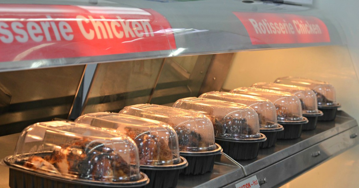 row of Sam's Club Rotisserie Chickens in store