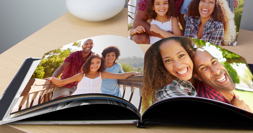 Photo book featuring pictures of a couple with their kids taken outside