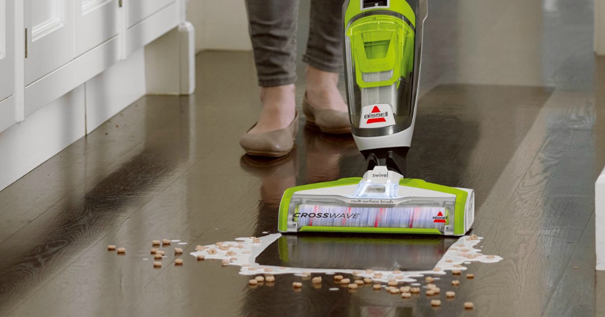 bissell crosswave vacuum cleaning up spilled milk and cereal on floor