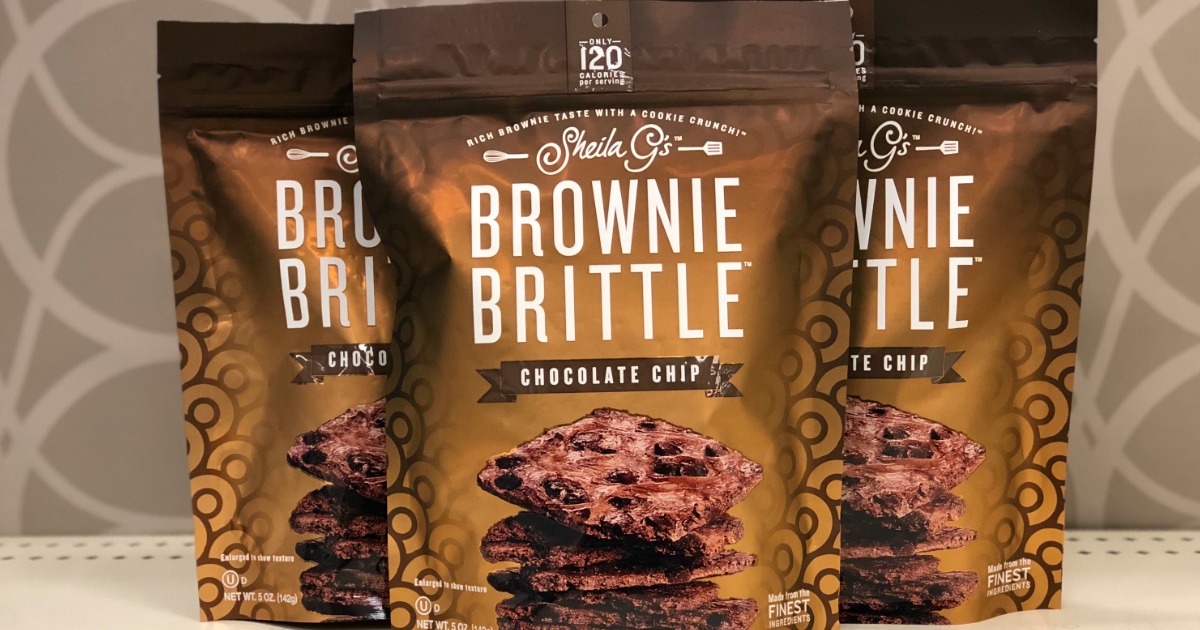 three brown bags of Sheila G's Brownie Brittle