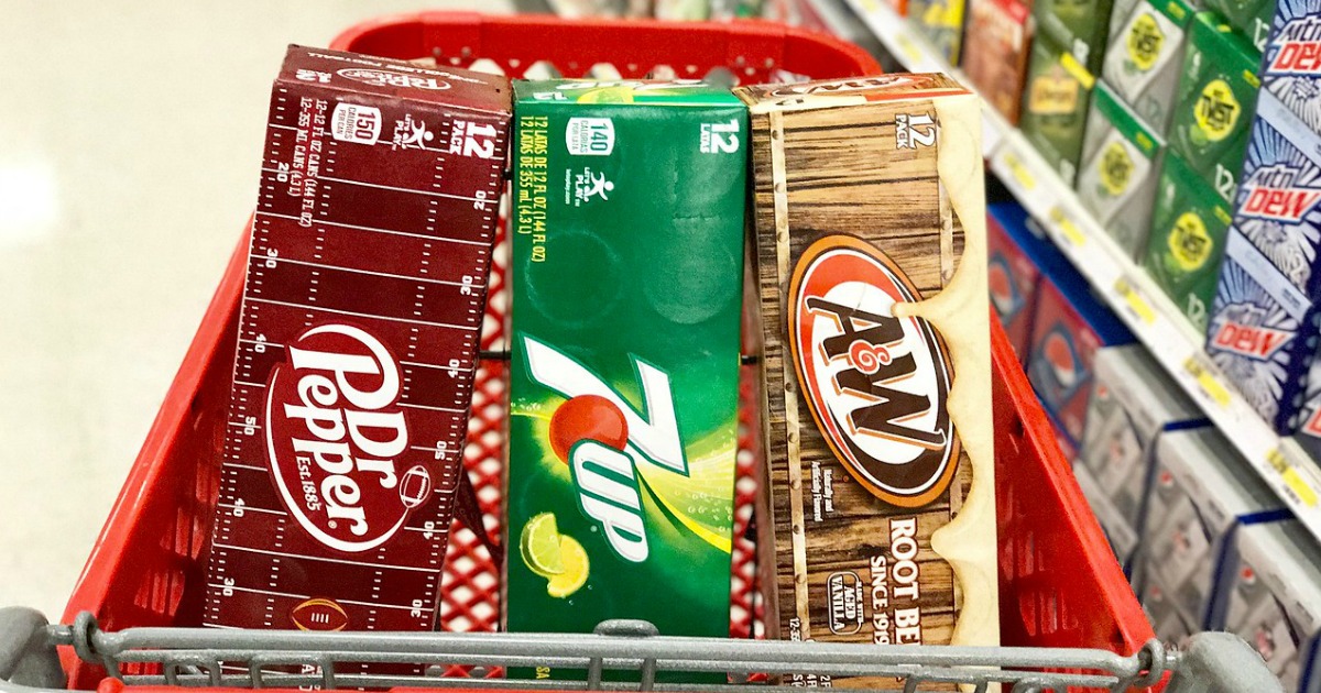 3 12-packs of dr. pepper, 7up, and a&w in cart