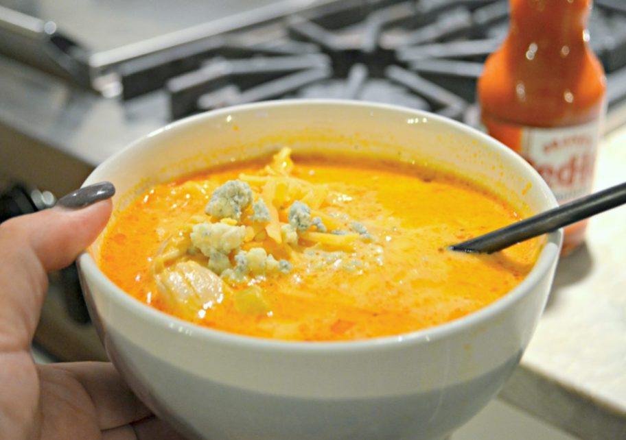 bowl of keto buffalo chicken soup, one of the best rotisserie chicken dinner ideas
