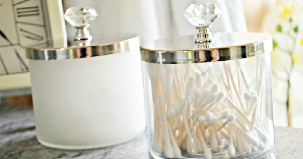 bath and body works candle jars repurposed as storage
