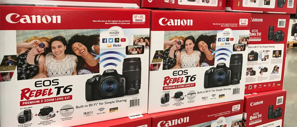 Canon EOS Rebel T6 DSLR Camera in a store stacked up