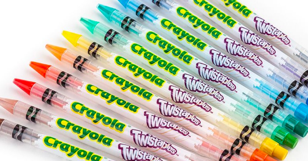 stock image of a fan of colorful crayola twistable crayons
