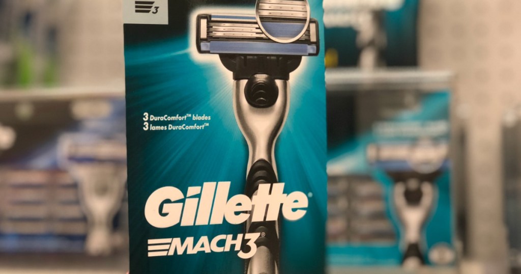 gillette razor in front of shelf