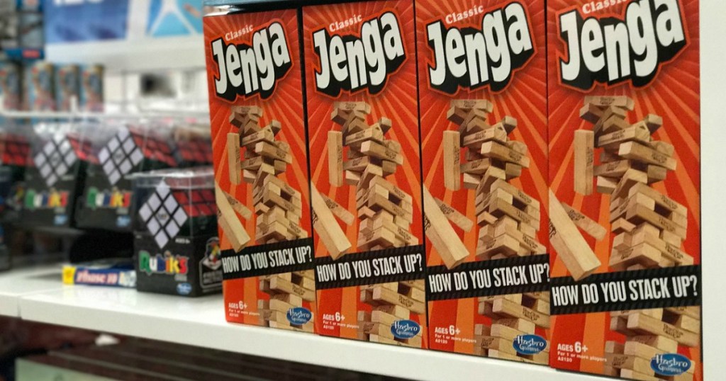 Jenga GAmes stacked on a store shelf