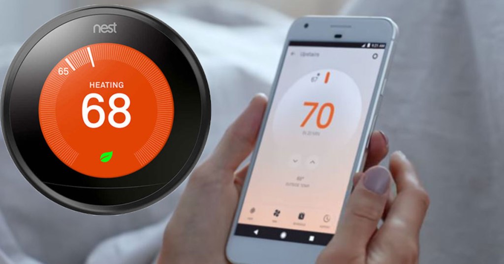 hand holding smartphone with google nest