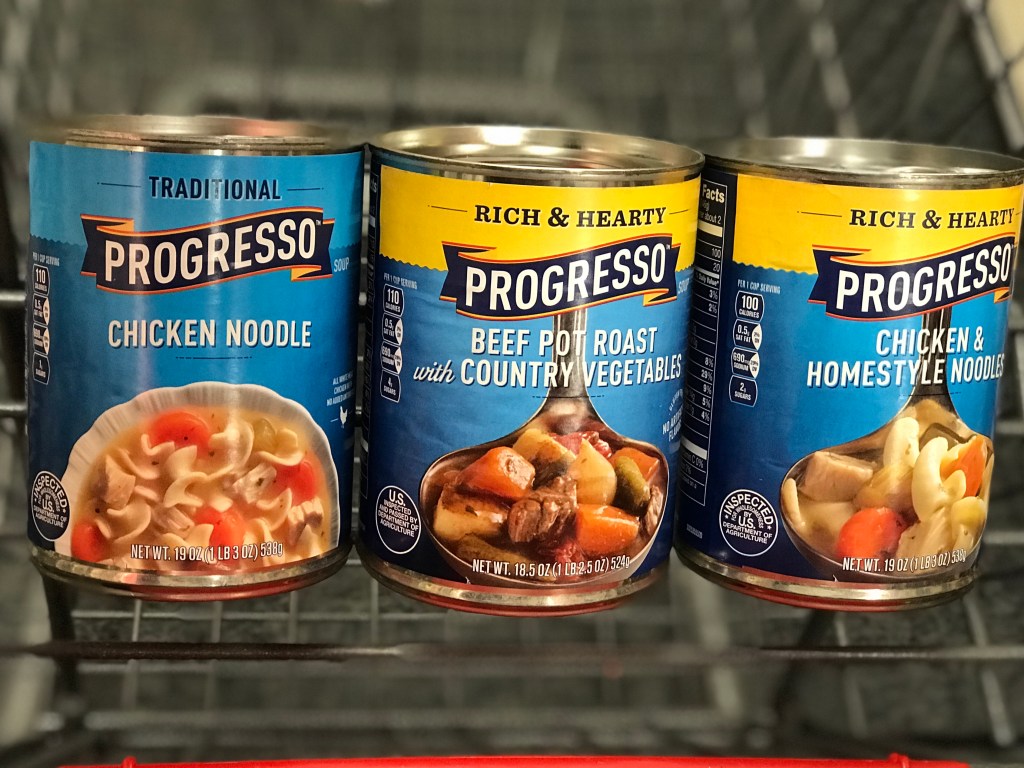 Progresso chicken noodle, Progresso Beef Pot Roast and Progresso Chicken Homestyle Noodle soups in shopping cart