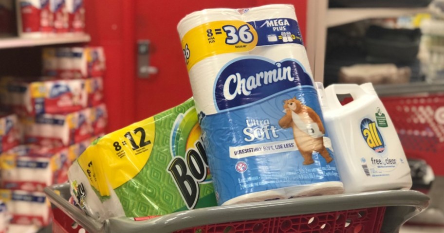 toilet paper and paper towels in red cart
