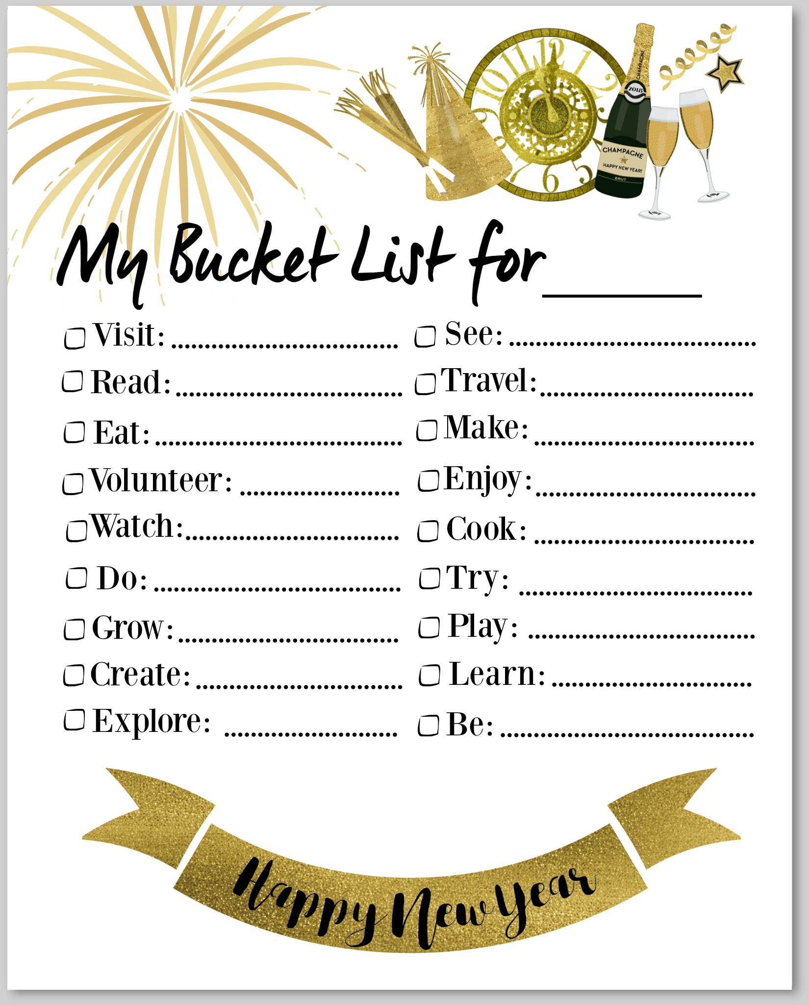 new year's bucket list free printable 