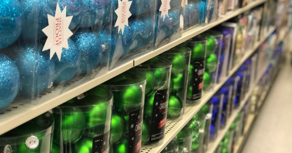 blue and green ornaments in store on shelf