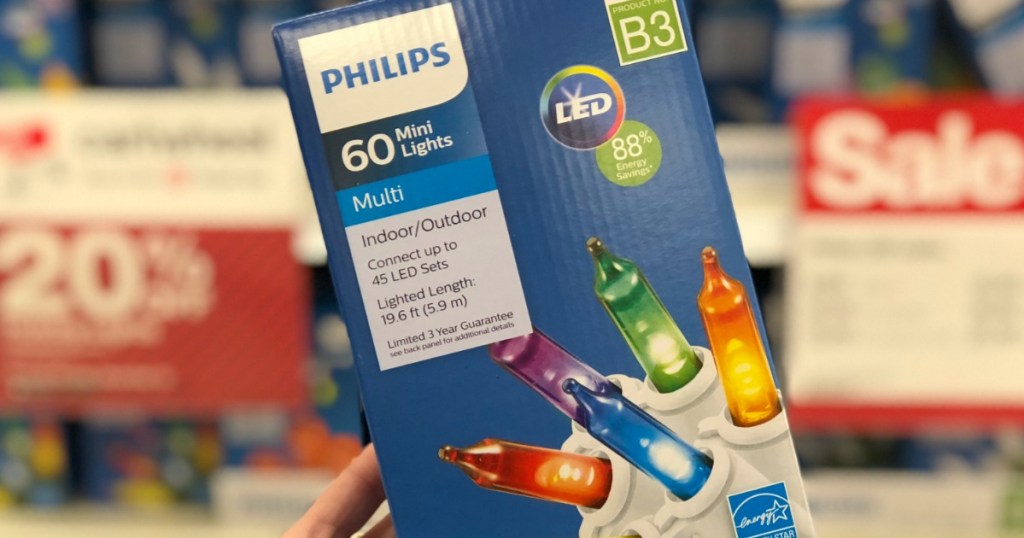 hand holding philips mini lights in store with blurred background